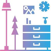 A blue and pink icon of a desk, clock, and other items vector