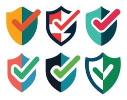 a set of six different colored shields with a tick mark a white background vector