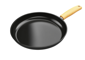Black frying pan with wooden handle isolated on transparent background png