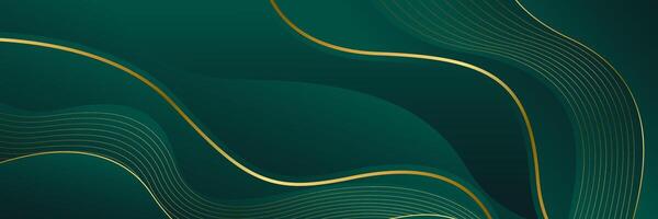 Abstract emerald green luxury banner background with wavy gold lines vector