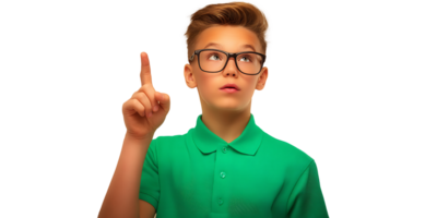 A boy wearing glasses pointing at something png