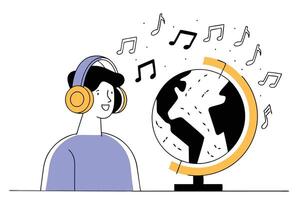 Creative design showing a person with headphones and musical notes orbiting the earth globe representing worldwide music vector