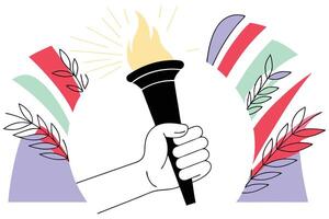 Vivid artwork showing hand with torch symbolizing victory and enlightenment in a dramatic and empowering design vector