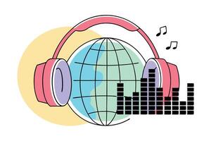 Energetic world music design with globe, headphones, and musical elements symbolizing global music unity and passion vector