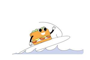 A Cheerful Cartoon Sandwich Character Catches Waves on a Surfboard Combining Delicious Fun and Summertime Vibes in a Playful and Whimsical Illustration vector