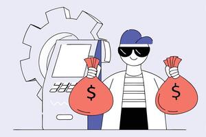 A fun animated character shaped like a cash machine with sunglasses brings humor to finance topics making economics and saving feel friendly and engaging vector