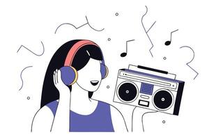 Woman listening to music celebrating World Music Day with joyful expression and a lively global sound environment vector