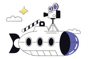 A Helpful and Curious Cartoon Submarine with a Camera Embarks on a Fun Deep Sea Journey Featuring a Friendly Face and Playful Exploration Spirit vector