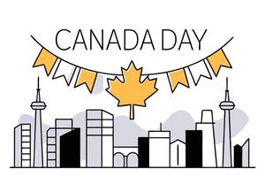 City skyline illustration with red maple leaf highlighting Canadian identity and pride in a bold Canada Day celebration scene using red themed elements vector