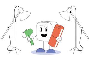 A Cool and Humorous Ice Cube Cartoon Holding a Hammer Expresses Fun and Playfulness Ideal for Unique Branding Concepts and Creative Art Projects vector