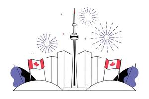 Stylized surreal cityscape with fireworks above the skyline designed for Canada Day creative visuals and red maple leaf inspired holiday artwork vector