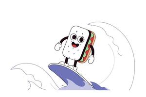This Playful Cartoon Sandwich Surfs the Waves with a Big Smile Bringing Together Fun Food Themes and Active Lifestyles in a Lighthearted Creative Design vector
