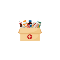 An open box with medicine and other items png