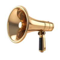 A golden megaphone for marketing and announcements long title A shiny metallic golden megaphone used for broadcasting messages promotions and calls png