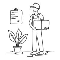 Mover holding a box and clipboard. A professional mover organizes items with a checklist. Great for conveying efficient logistics, inventory, or delivery. The mood is organized and trustworthy. vector