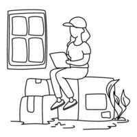 Woman packing boxes for relocation. Person sits surrounded by items, preparing for a move. Suitable for representing home organization or packing services. The setting is preparatory and focused. vector