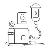 Flat line illustration of an IV bag, cooler, and gears, indicating a system. Suitable for medical research, laboratory settings, biotech, or healthcare innovation. vector