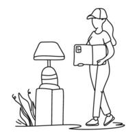 Woman carefully carrying a packed box. A person in a cap gently handles a moving box. Perfect for depicting careful packing or delivery services. The atmosphere is diligent and precise. vector
