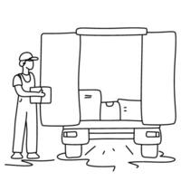 Mover holding a box and clipboard. A professional mover organizes items with a checklist. Great for conveying efficient logistics, inventory, or delivery. The mood is organized and trustworthy vector