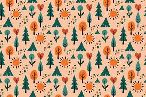 Cute forest seamless pattern. Stylized trees, sun, and dots in warm peach and orange tones. Perfect for children's products, scrapbooking, and web design. Joyful, autumnal atmosphere vector