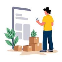 Flat illustration of a person with a smartphone surrounded by boxes. Perfect for UI kits, delivery apps, online tracking, or ecommerce logistics. Depicts modern, connected shipping services vector