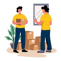 Flat illustration of two people standing with boxes, a mirror, and a plant. Excellent for UI kits, team moving, delivery partnerships, or relocation services. Illustrates collaborative vector
