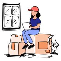 Flat illustration of a female mover sitting on boxes, using a laptop. Suitable for UI kits, remote work, moving preparation, or online booking platforms. Represents modern, digital moving solutions. vector
