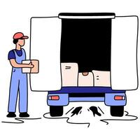 Flat illustration of a mover loading boxes into a moving truck. Excellent for UI kits, transportation services, logistics, or delivery apps. Illustrates efficient, quick moving operations vector