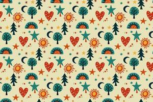 Whimsical Scandinavian seamless pattern. Stars, hearts, and nature elements in warm orange-brown hues. Ideal for nursery prints, textiles, and digital backgrounds. Cozy, playful feel vector