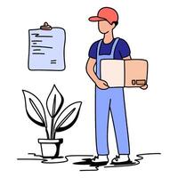 Flat illustration of a male mover with a clipboard and box, ready for delivery. Great for UI kits, shipping apps, inventory management, or courier service graphics. Conveys professional vector