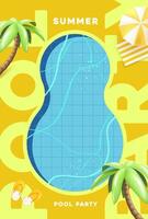 Summer pool party poster featuring top view of swimming pool, umbrella, palm trees, and sandals on yellow background. Great for seasonal events, ads, and tropical designs. vector