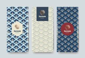 Minimal Japanese pattern set featuring seamless wave and geometric designs in traditional blue color scheme Perfect for packaging branding or product label backgrounds vector