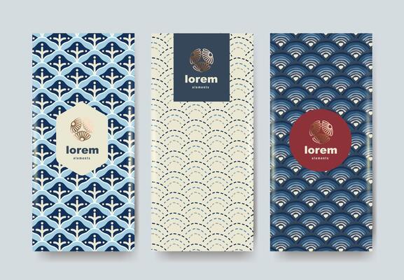 Minimal Japanese pattern set featuring seamless wave and geometric designs in traditional blue color scheme Perfect for packaging branding or product label backgrounds