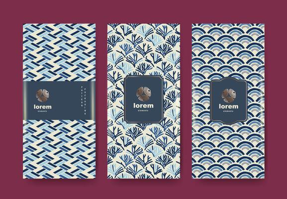 Set of elegant Japanese seamless patterns with hand drawn textures and blue beige color scheme Ideal for packaging backgrounds branding and premium label design
