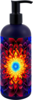 A vibrant bottle with an abstract, fractal flower design in a spectrum of warm and cool colors. png