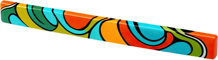 Abstract vibrant colors with bold lines create a dynamic, flowing pattern over a rectangular block. png