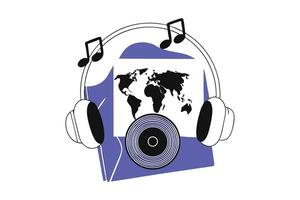 Vibrant music themed world map with headphones, vinyl record and notes design highlighting the universal language of music vector