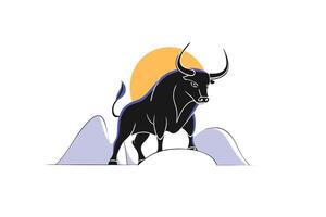 A Striking Dark Bull Conveys Power and Intensity Standing Against a Warm Sunset Backdrop in a Fierce Representation of Strength and Determination vector