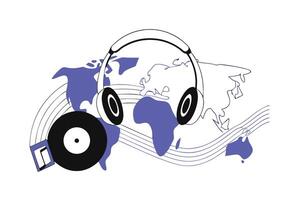 World Map with Headphones and Vinyl Record Featuring Music Notes Creating a Unique Global Music Experience vector