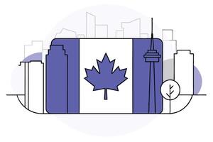 Urban Skyline Decorated with Maple Leaf Flags on Canada Day Depicting the Joyful Spirit of the Nation Celebrating the First of July with Unity and Pride vector