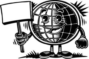 Friendly cartoon globe holding a blank sign with a playful and whimsical style, perfect for adding personalized messages or educational content vector