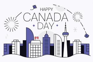 Vibrant cityscape at night filled with colorful fireworks and Canadian flags waving gracefully creating a beautiful celebration scene against the dark sky vector