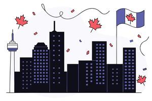 Detailed cityscape illustration of an urban skyline celebrating the 1st of July with red elements symbolizing unity and festivity in the city vector