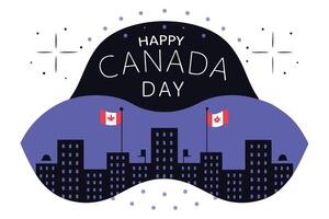 Amazing night cityscape scene with fireworks bursting in colors above buildings and Canadian flags flying high adding festive energy to the urban skyline vector
