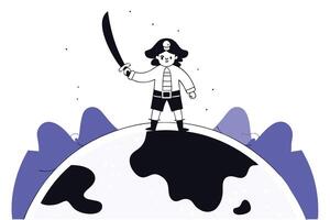 Playful cartoon pirate earth planet with green and blue colors, featuring a sword and hat, designed for adventurous and fun global-themed illustrations vector