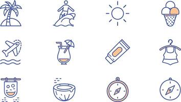 Summer vacation icon set featuring beach, travel, sun, and tropical holiday elements vector