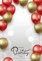 Birthday greeting card with floating gold and red balloons on a light background vector