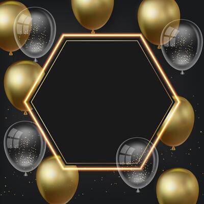 Elegant golden and clear balloons celebration with hexagonal neon border