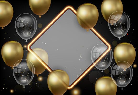 Elegant golden and shimmering balloons celebration with rhombus neon border