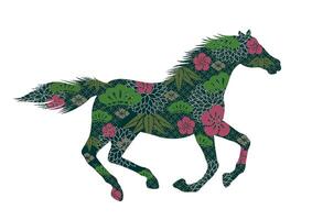 The Year Of The Horse Zodiac Symbol Decorated With Japanese Vintage Pine, Bamboo, And Plum Patterns Isolated On A White Background. vector